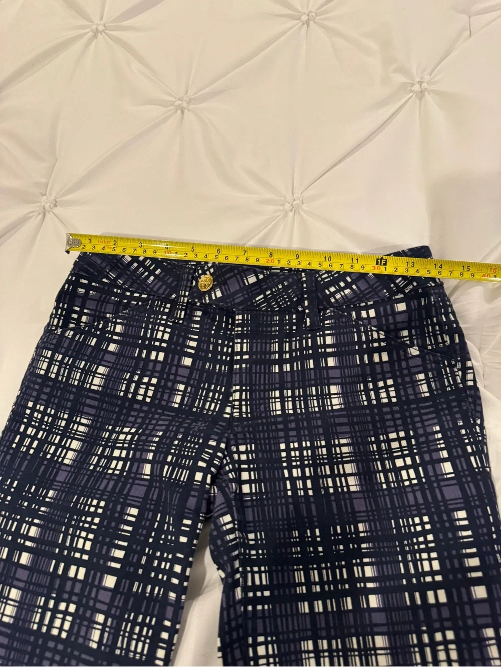 Tory Burch Conner Tab Front Skinny Pants Size 25 Navy Plaid